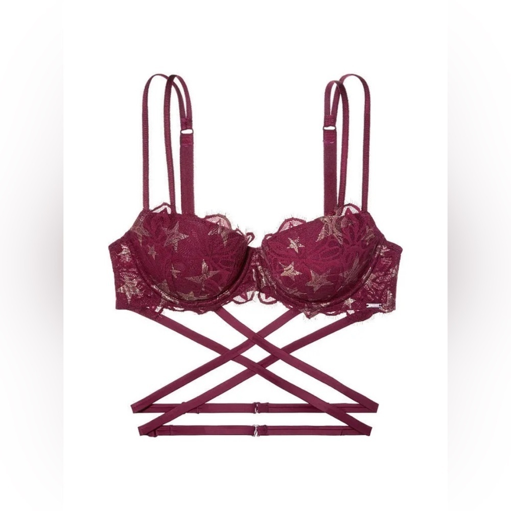 VICTORIAS SECRET PINK Burgundy gold star date night push up sexy bra size 34A - Picture 3 of 12